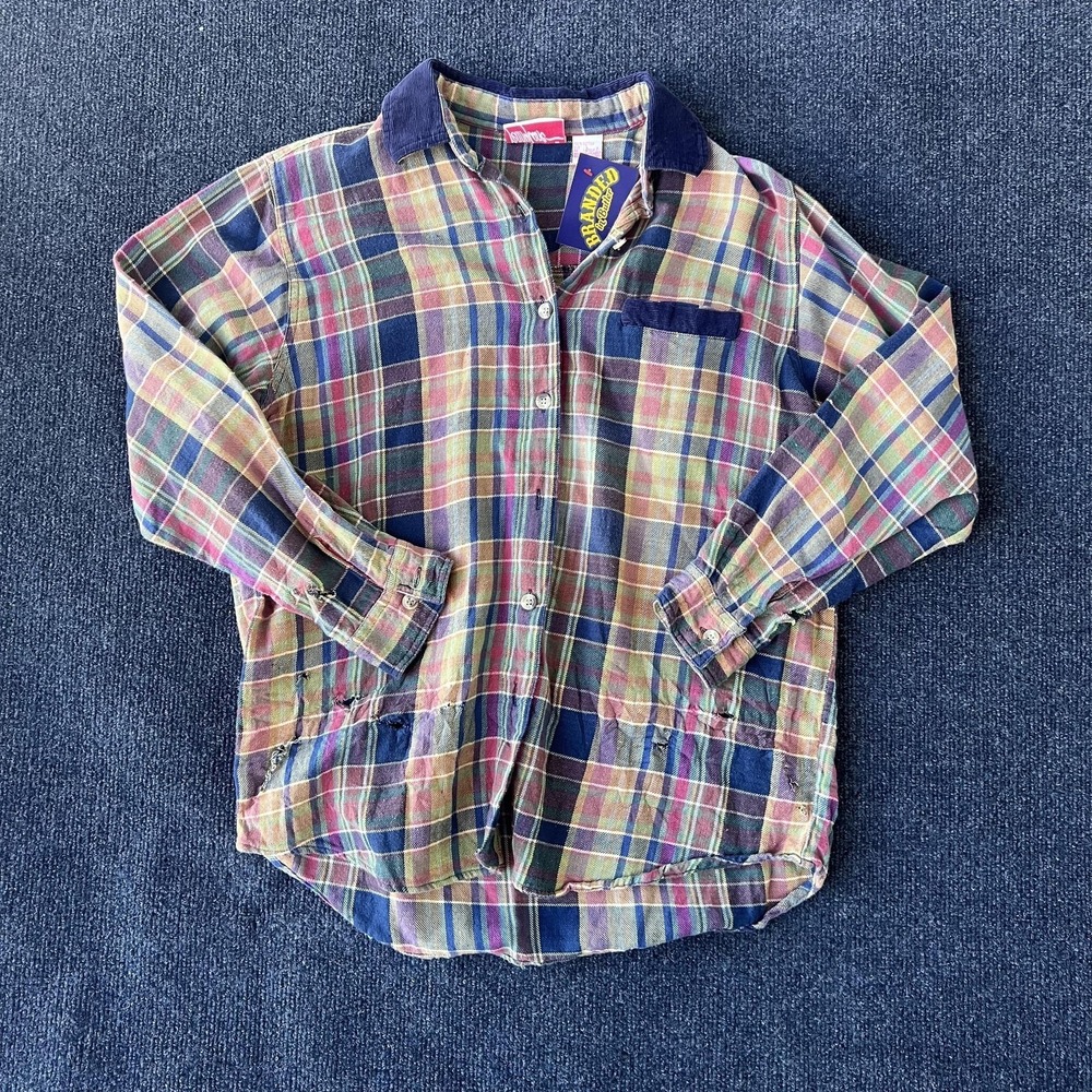 Vintage PennyLane Shirt Womens Large Plaid Button Up Corduroy Collar 90s Grunge